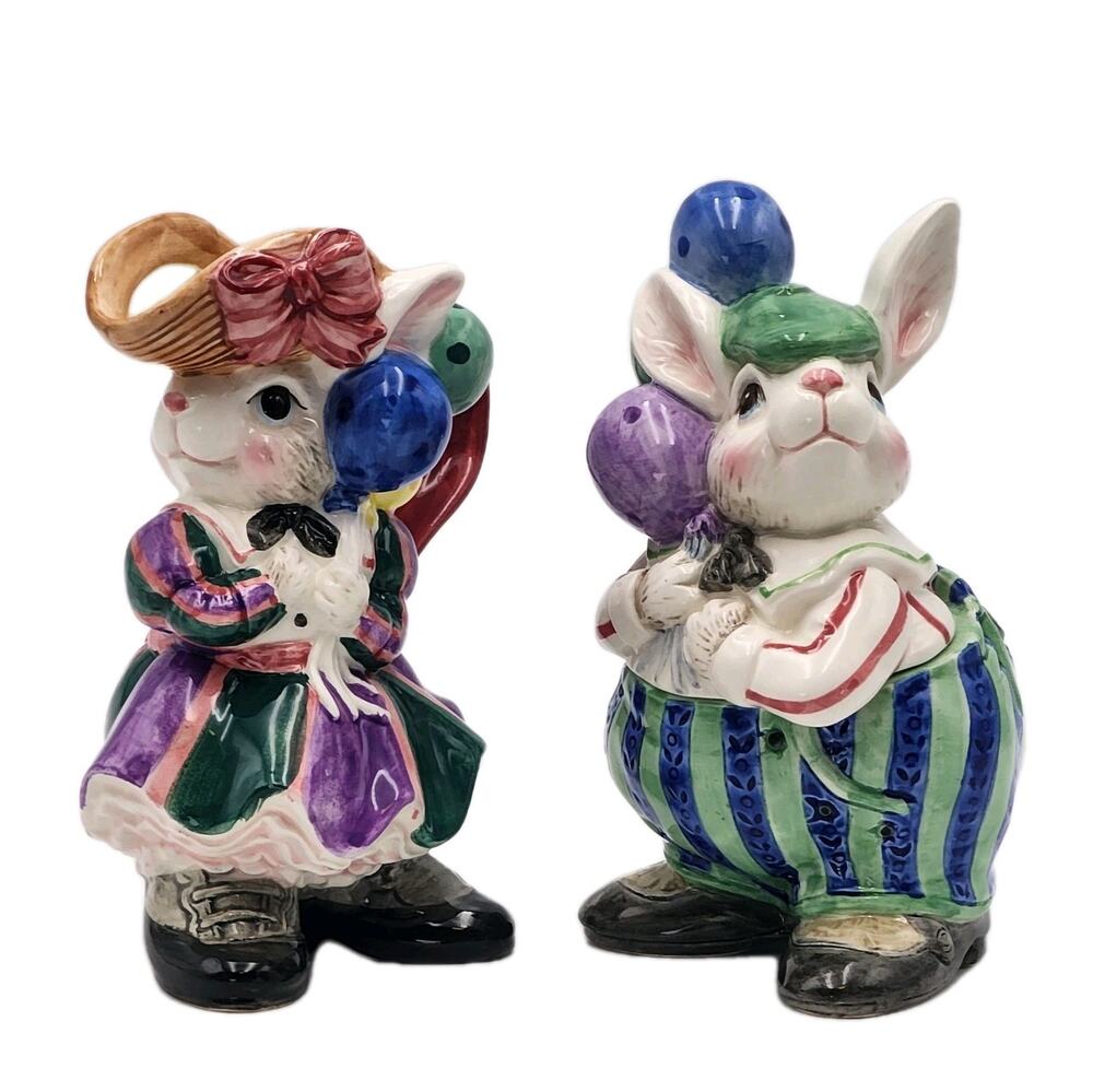 Vintage Fitz & Floyd Easter Bunny Creamer Sugar Set W/ Lid & Spoon Balloons 1995